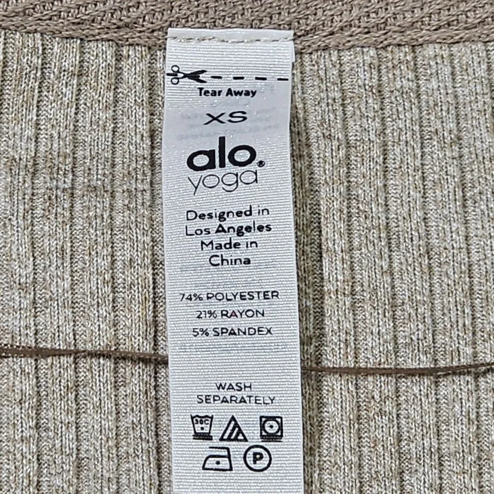 Alo Yoga Muse V-Neck Pullover Ribbed Cropped XS Tan Slouchy Boxy Athleisure